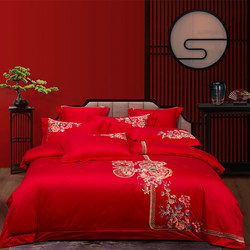 Wedding celebration Chinese style quilt cover plus big red festive four or six piece multi-piece set embroidered satin home textile bedding