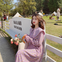 Concubine purple floral dress female long sleeve doll collar thin first love small man French retro sweet dress