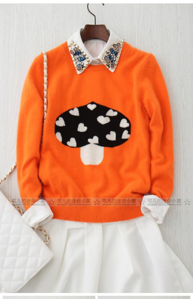 秋冬新品女士羊绒衫甜美减龄蘑菇图案纯羊绒衫圆领套头毛衣_7折现价