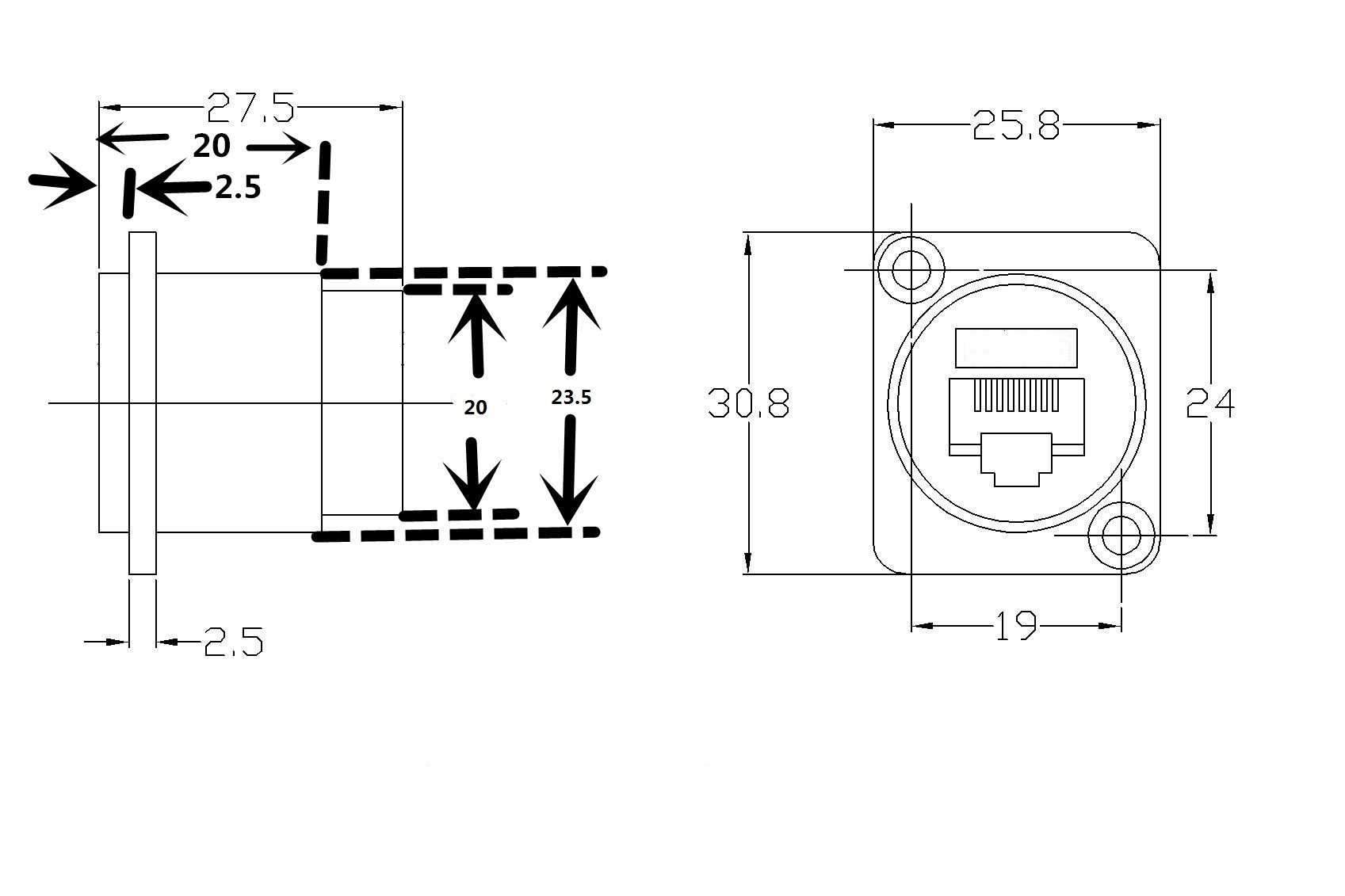 dz-rj45-cat5e尺寸图,明装开孔24mm,暗装开孔24mm:ds-rj45-cat6a 和