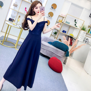 Sexy Shoulder Party Dresses Long with Slender Waist A-shaped Dress