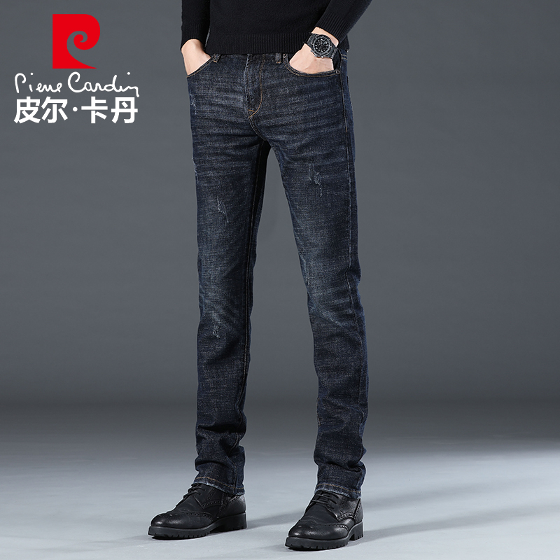 Pier Carden autumn and winter jeans men's slim casual trendy black elastic loose straight spring and autumn trousers