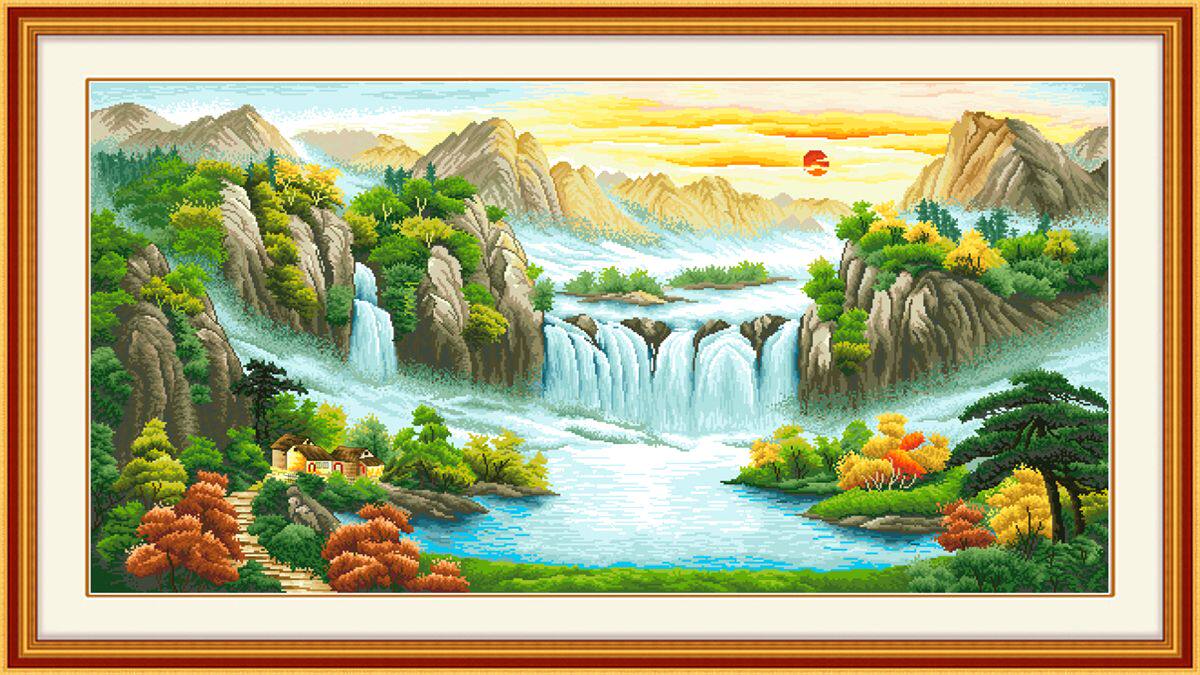 青飞精准印花风景十字绣蒸蒸日上二十字绣鹤舞松峰仙鹤流水生财