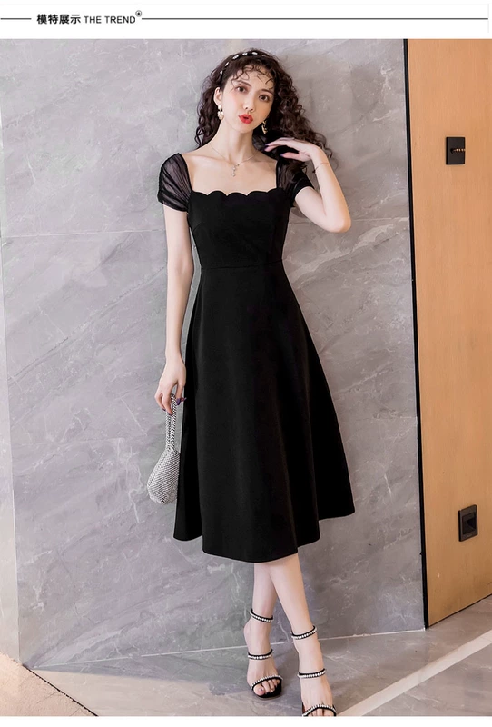 Pháp cổ điển cánh hoa cổ áo siêu cổ tích Hepburn nhỏ váy đen tính khí váy dạ hội mỏng váy dài nữ váy mùa hè - Sản phẩm HOT