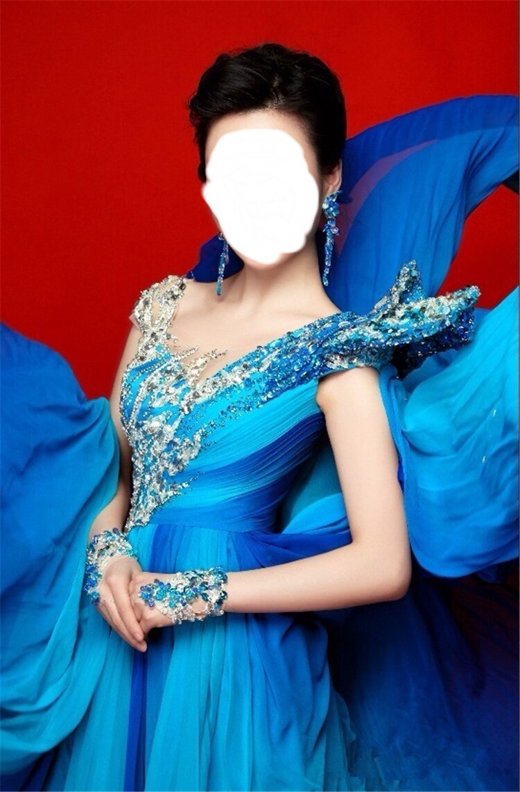 民歌礼服女渐变蓝色易文卉民族唱法出租演出礼服独唱个唱礼服定制