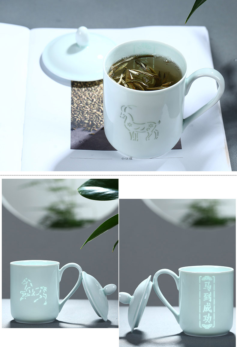 Jingdezhen shadow green and exquisite porcelain teacup creative zodiac ceramic cups with cover office cup tea cup gift cups