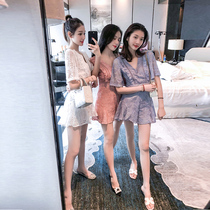 Womens 2020 Summer and Autumn New lace hollow body shorts Korean version of temperament fashion high waist slim one-body clothes tide