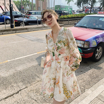 Fish Rabbit hipster floral dress pants womens spring dress 2020 new vintage V-neck waist slim jumpsuit