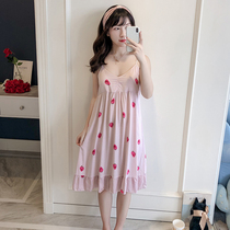 Korean version of the sling night dress female summer sexy and cute pure cotton with chest pad fresh student mid-length can be worn outside pajamas