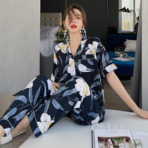 Light and breathable short-sleeved trousers pajamas womens summer thin cotton silk home service suit ins wind cotton cotton cartoon