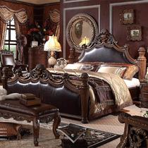 American solid wood bed European double bed Master bedroom 1 8 meters luxury villa bed Custom leather carved column bed