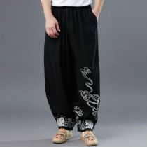 Spring and summer Chinese style mens retro ethnic trousers Cotton and hemp embroidery loose Buddha wide leg pants Casual Harun bloomers