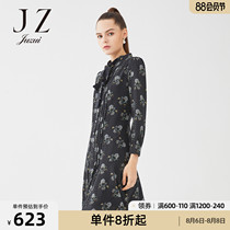 JUZUI Jiuzi official flagship store 2021 spring new black floral waist mid-length female chiffon dress