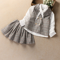 Girls Dress Spring New Korean Academy Style Children Plaid Small Suit Set Vest Three Skirt Tide