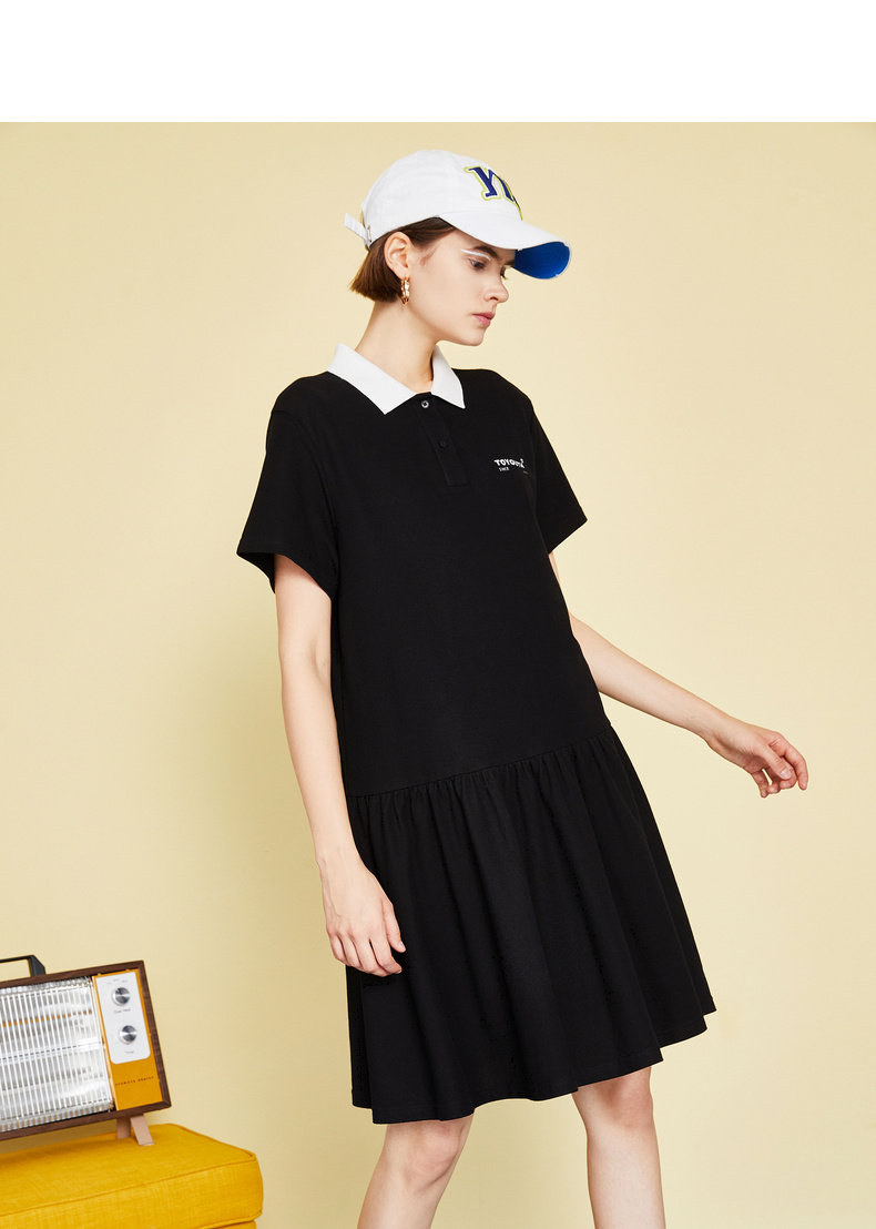 初语夏装新款polo领时尚撞色运动中长裙休闲宽松白色连衣裙女