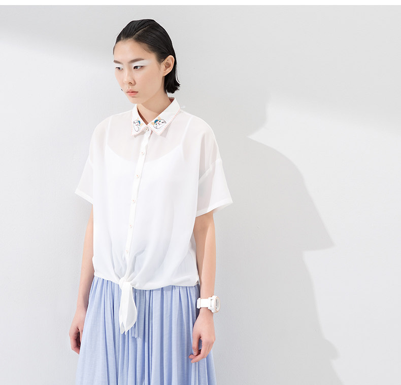 初语衬衣女装2016夏季新品 修身猫咪印花刺绣短袖衬衫女 8620232006c