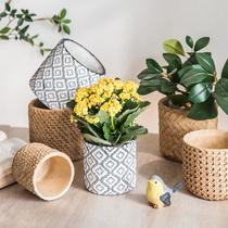 Personalized creative woven cement flowerpot Nordic simple straw rattan set pot bamboo extra large potted pot ins