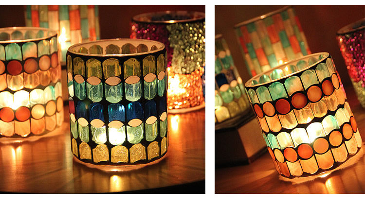欧式彩色直杯形玻璃马赛克烛台蜡烛杯 烛光晚餐西餐厅装饰摆件