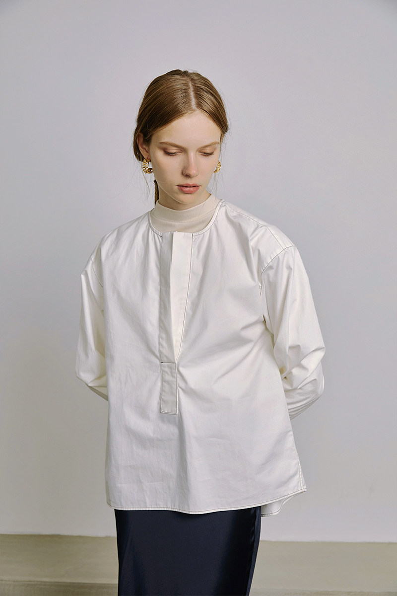 aller法式复古小众设计感廓形厚款v领纯棉白色衬衣上衣秋冬女
