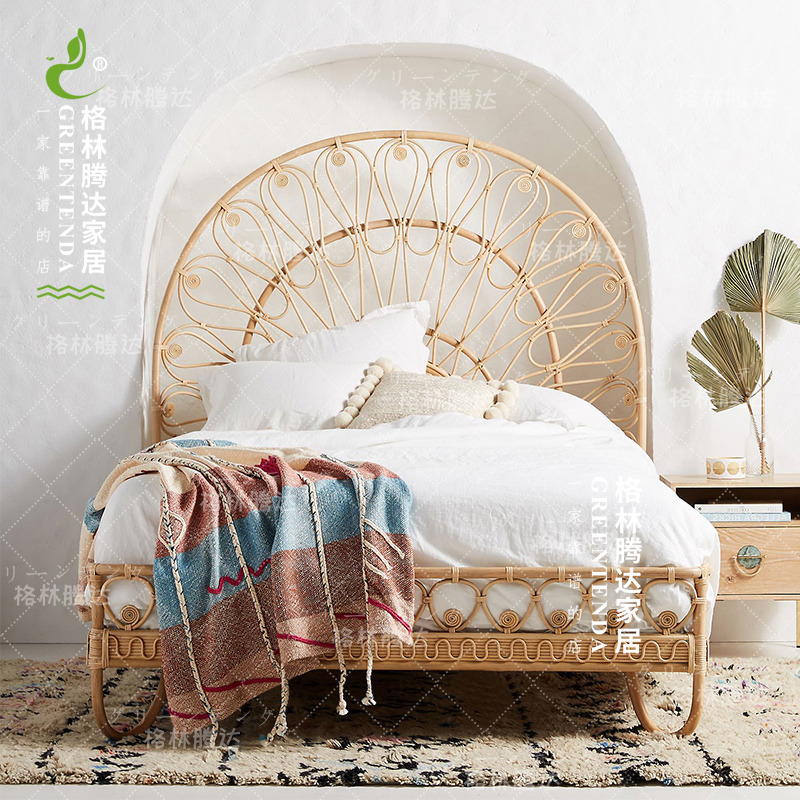 Grinttenda ins rattan bed creative bedroom rattan bed B&B inn double bed master bedroom Japanese woven flower rattan bed
