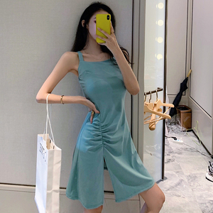 Fashion small fresh temperament split thin solid color versatile dress