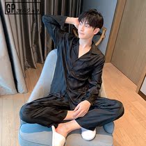 Japan GP Ice Screen Nightgown Men Spring Autumn Silk Summer Household Dresses Long Sleeve Strip Men Four Seasons Set