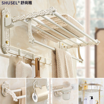 Gold and white European free hole folding towel rack Baked white paint bath towel rack set shelf Bathroom pendant
