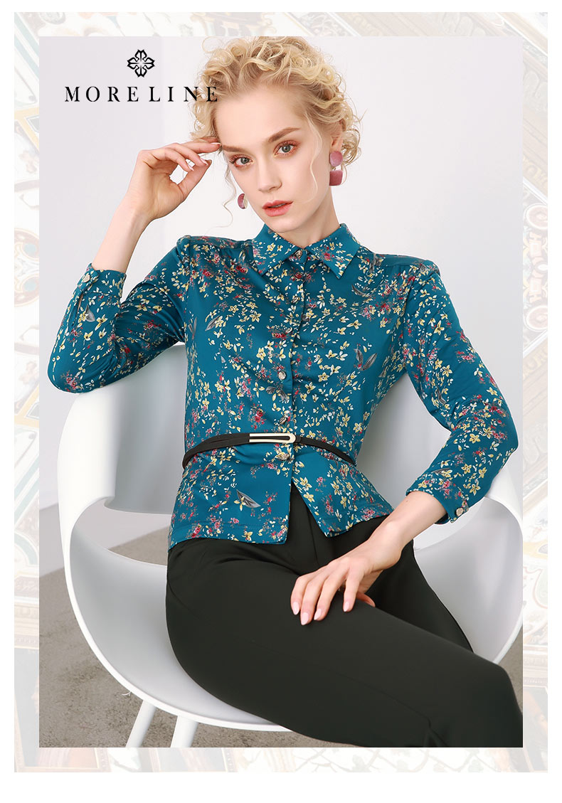 moreline沐兰女装2018春新款经典浪漫印花长袖中年衬衫18153601_7折