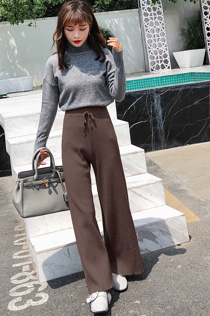 毛线针织阔腿裤女冬季2018新款直筒裤子韩版长裤高腰宽松加厚松紧