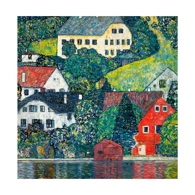 克里姆特湖畔油画正方形厚布画芯田园风格无框装饰画