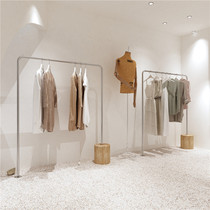 New wooden base clothing store display stand silver stainless steel clothes hanging pole womens high-end store shelf display rack