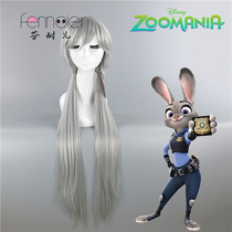 Finer Crazy Animal City Rabbit Judy Fake hair anthroptic double tail silver white long straight female cos wig