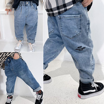 2021 spring new childrens small children baby elastic jeans boys and girls soft waxy simple casual Childrens pants tide