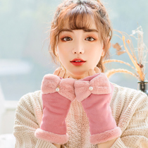 2019 New suede Korean cute bow Pearl half finger gloves female winter plus velvet thickened warm tide