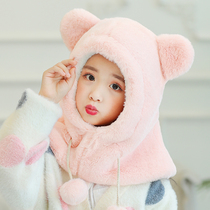 Childrens hats Autumn and winter girls windproof ear protection one-piece plush hat warm collar Childrens children baby cute tide