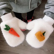 Boys autumn Winter Korean version Garnapped thickened childrens plush glove girl with a finger baby and means a warm glove