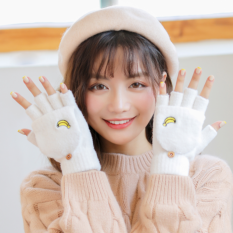 Gloves Female Winter Cute Korean Version Student Plus Suede Thickened Warm Anti-Chill Wool Cord Half Finger Flip Cartoon Windproof Winter