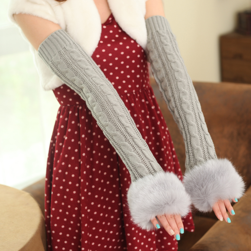 Kalanwei Korean version of winter warm cute wool false sleeves thickened sleeves Half finger arm cover women's long version gloves