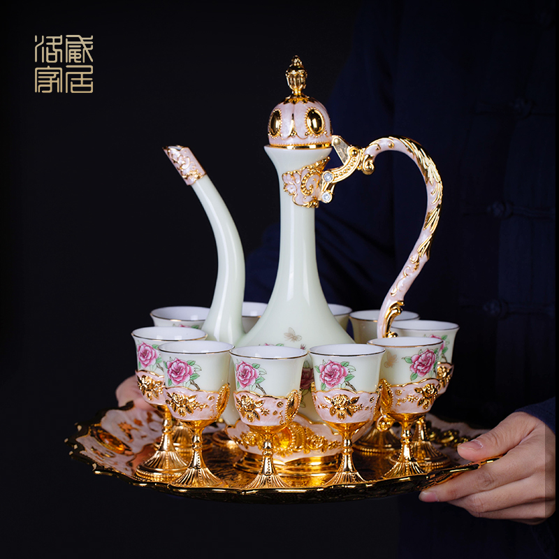 , liquor cup suit household jingdezhen ceramic European - style wine hip yellow glass small a small handleless wine cup gift