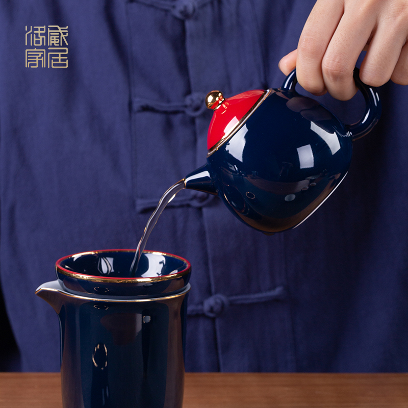 Ji blue glaze kung fu tea set suit household jingdezhen tureen teapot antique tea gift box gift fair keller