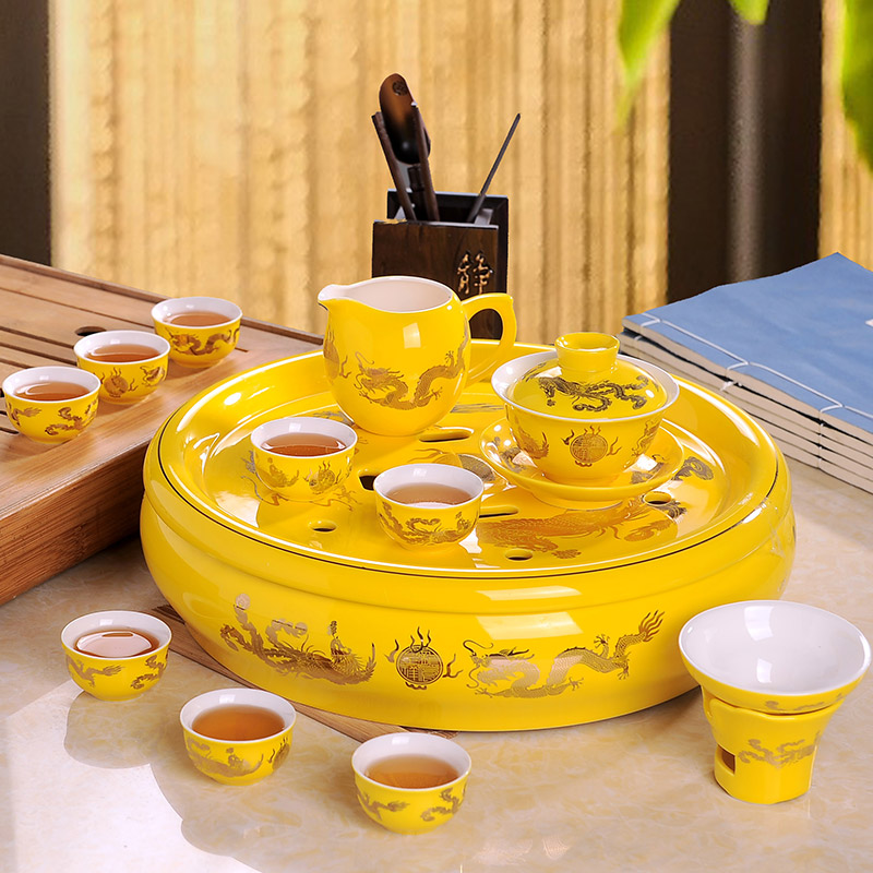 Jingdezhen kung fu tea set suit household longfeng ceramic cup teapot tea tray of a complete set of tea set red and yellow