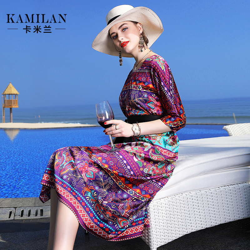 kamilan 卡米兰2019春装新款真丝连衣裙女中长款印花桑蚕丝裙子