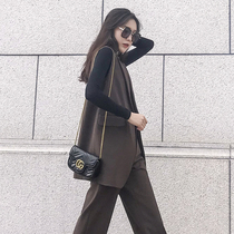 Spring and autumn vest wide leg pants two-piece suit womens Korean version of the long suit Vest womens coat trend waistcoat vest