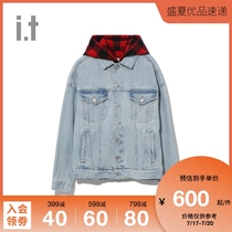 it izzue womens denim jacket winter fashion personality detachable plaid hooded 7502F9D