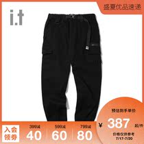 it izzue mens drawstring trousers autumn casual trend tooling pocket belt 6121F9D