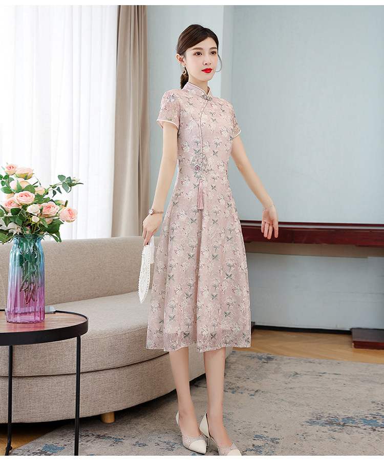 夏季新款淡粉色印花网纱改良a字旗袍连衣裙中长款收腰显瘦大摆女 - 17