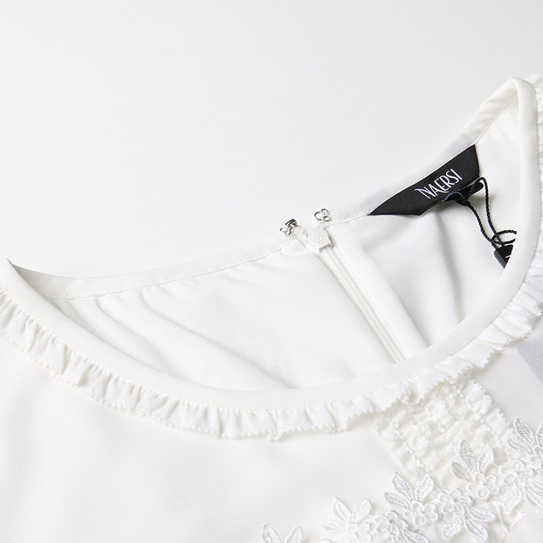 NAERSI娜尔思2015秋季新款优雅时尚白色简洁连衣裙绣花圆领短袖