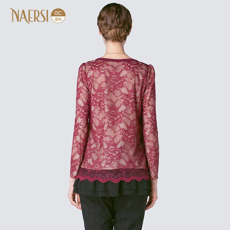 NAERSI/娜尔思女装2015秋装新款金标蕾丝纱网套头衫长袖圆领T恤
