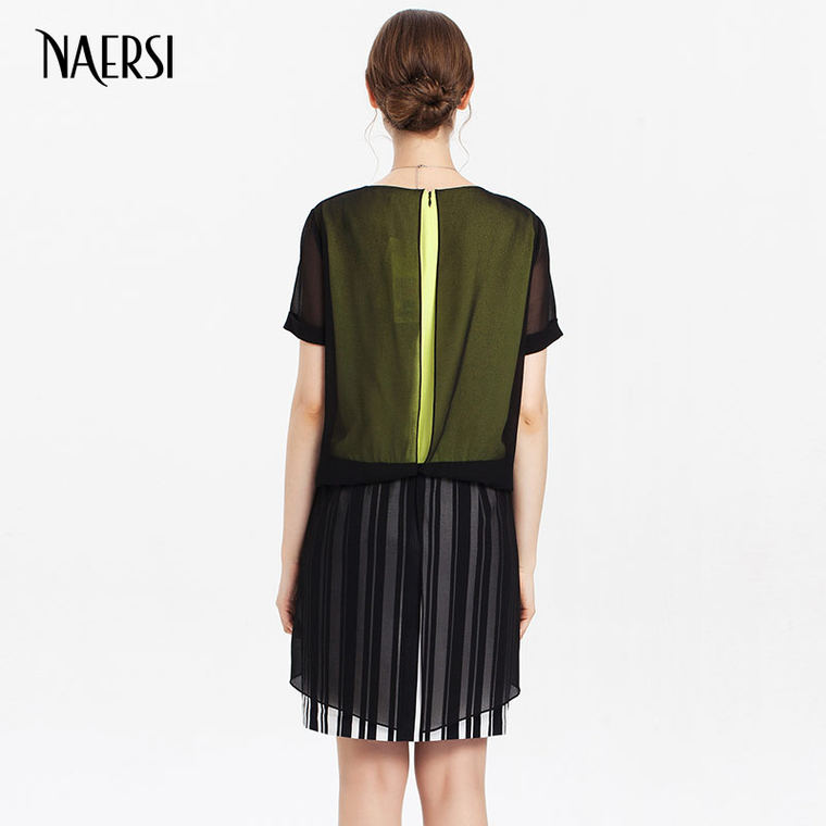 NAERSI/娜尔思连衣裙2015夏季新款女装圆领短袖假两件雪纺连衣裙
