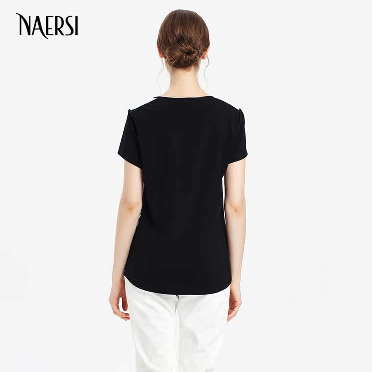 NAERSI/娜尔思2015夏款新品女装宽松黑白拼接竖条圆领短袖T恤上衣